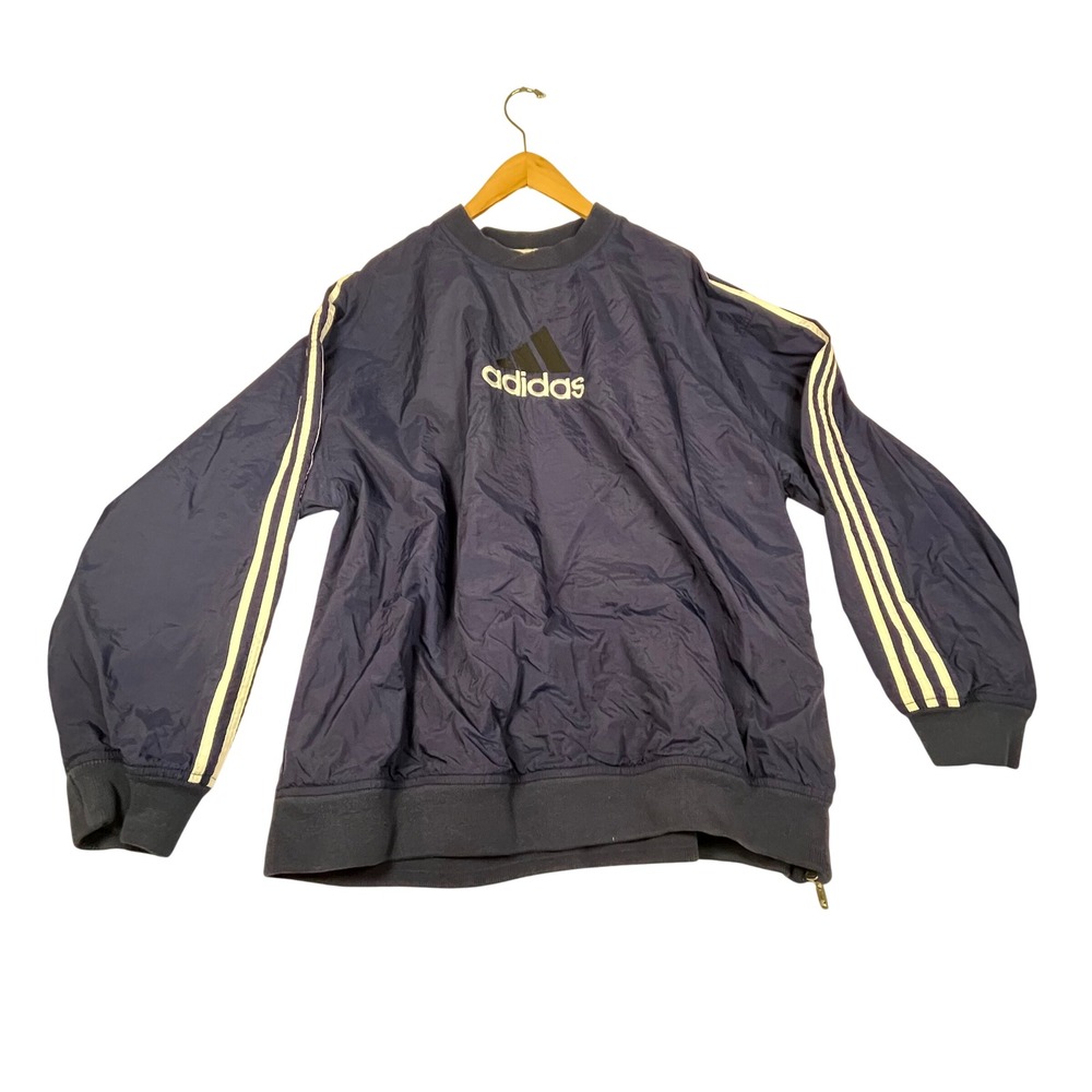 Adidas Navy Blue 3 Stripe Side Zip Pullover Windbreaker Crew Neck Vintage Style
